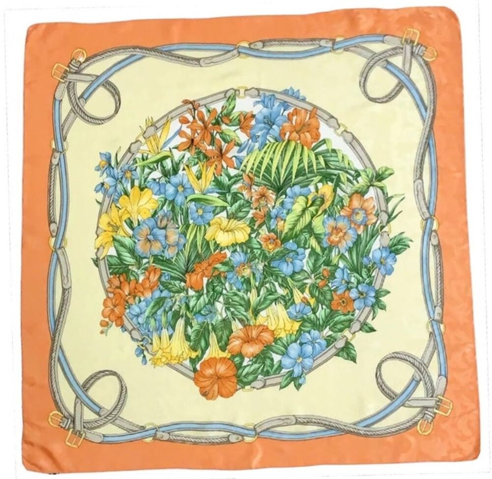 Vintage Orange Cream Floral Silk Scarf